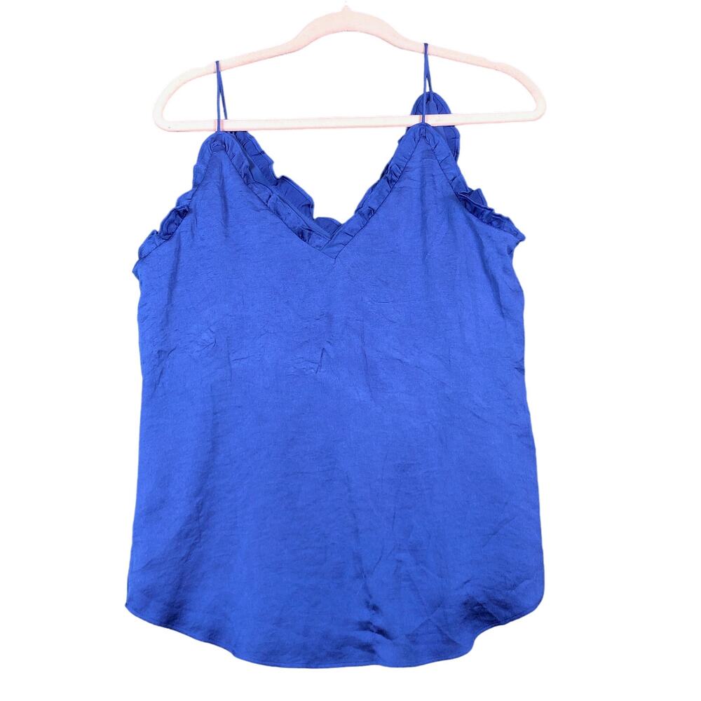 Express Womens Blouse Blue V Neck Ruffle Spaghetti Tank Polyester Small